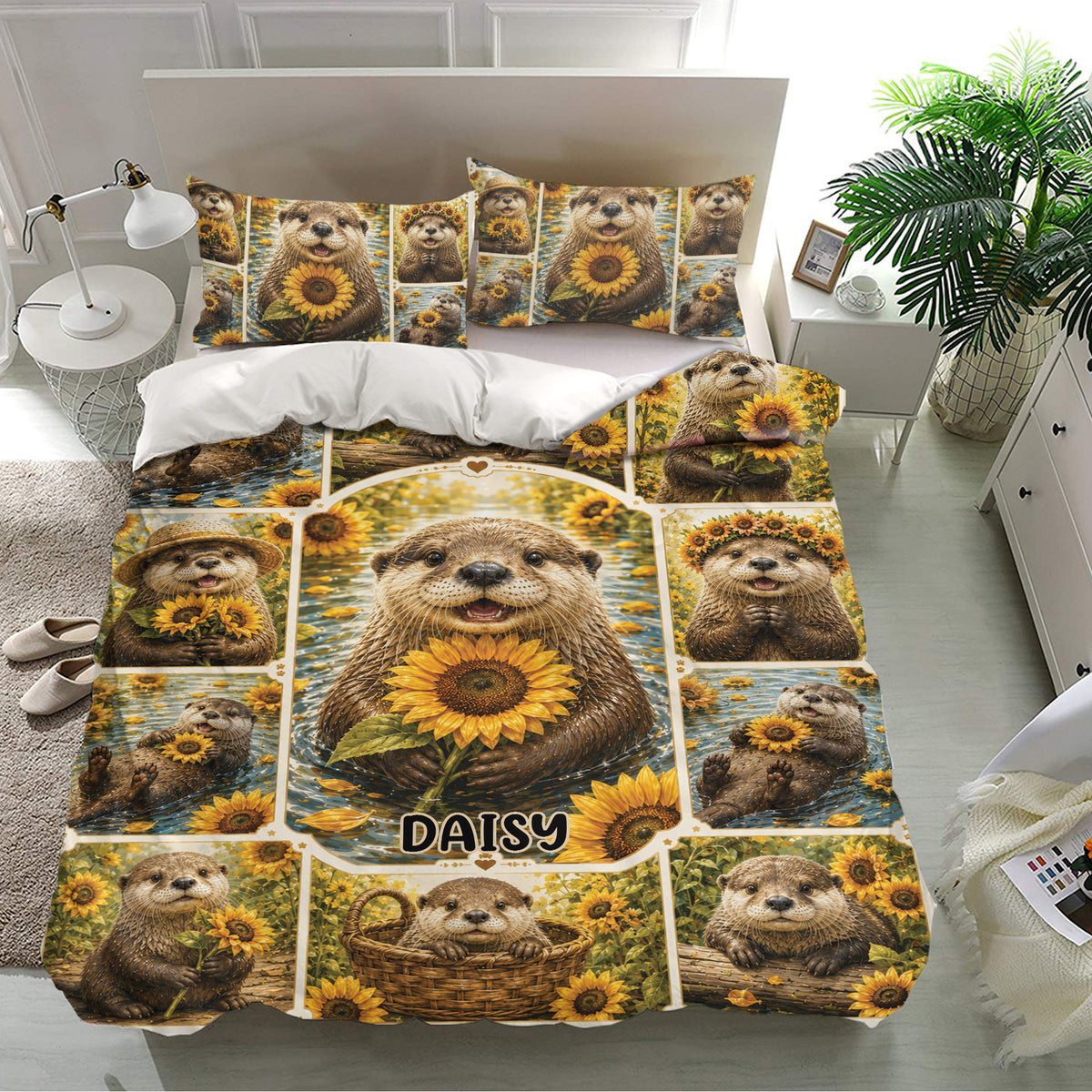 Otter bedding set presented in a bright bedroom with sunflower scenes and matching decorative pillowcases