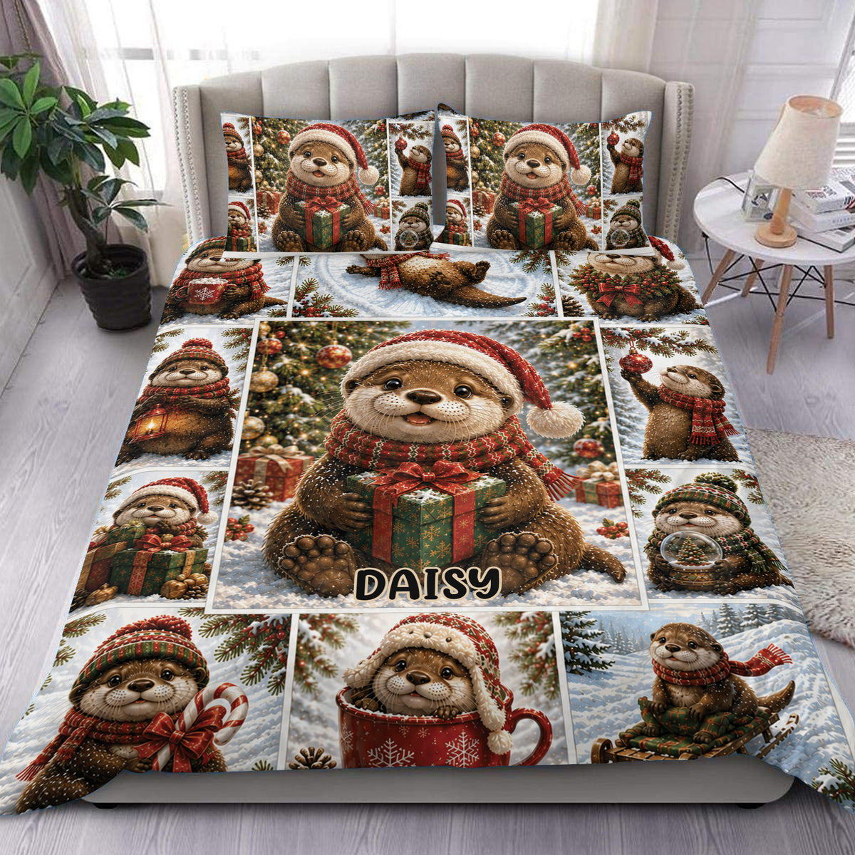 Otter Christmas duvet cover set displayed on a bed with festive gifts and holiday bedroom decor