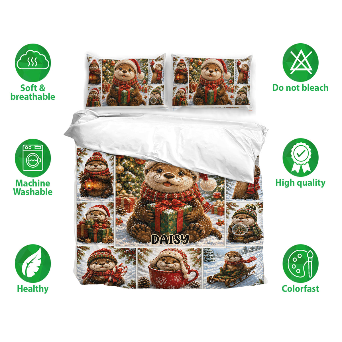 Otter Christmas bedding set with matching pillowcases, soft breathable fabric and festive woodland artwork