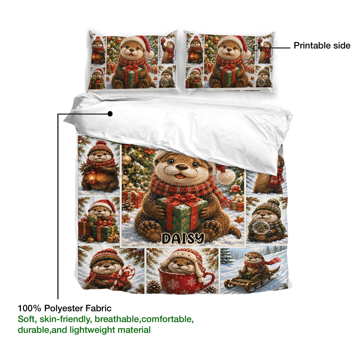 Otter Christmas duvet cover set showing the printable side and lightweight polyester fabric detail