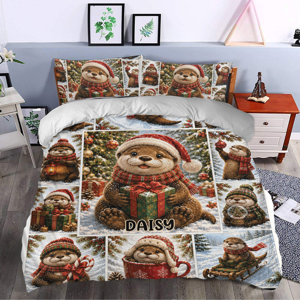 Festive otter duvet cover set styled in a bedroom with Christmas gifts, scarves and snowy scenes