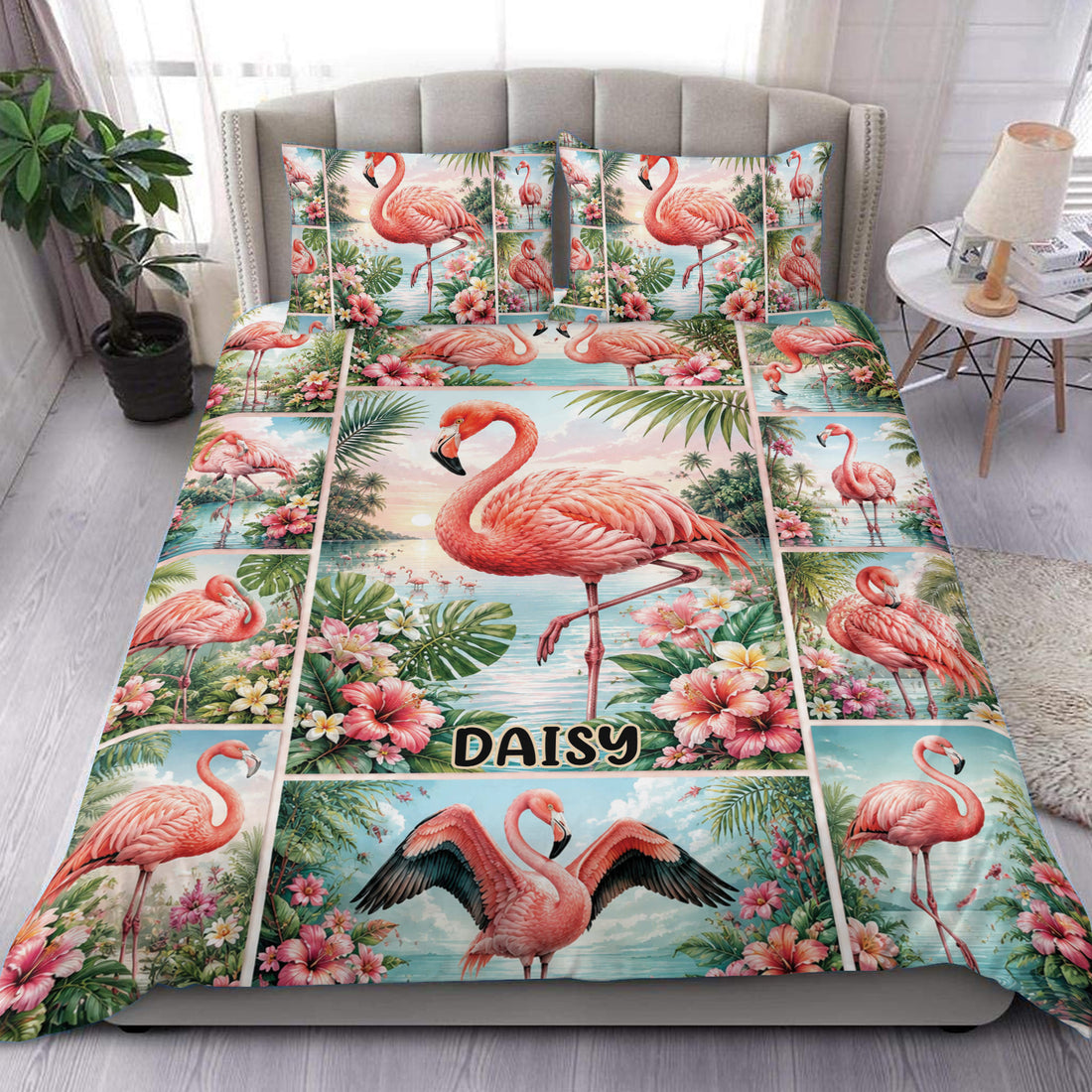 Flamingo duvet cover set displayed on a bed with tropical flowers, palm leaves, and colorful coastal artwork