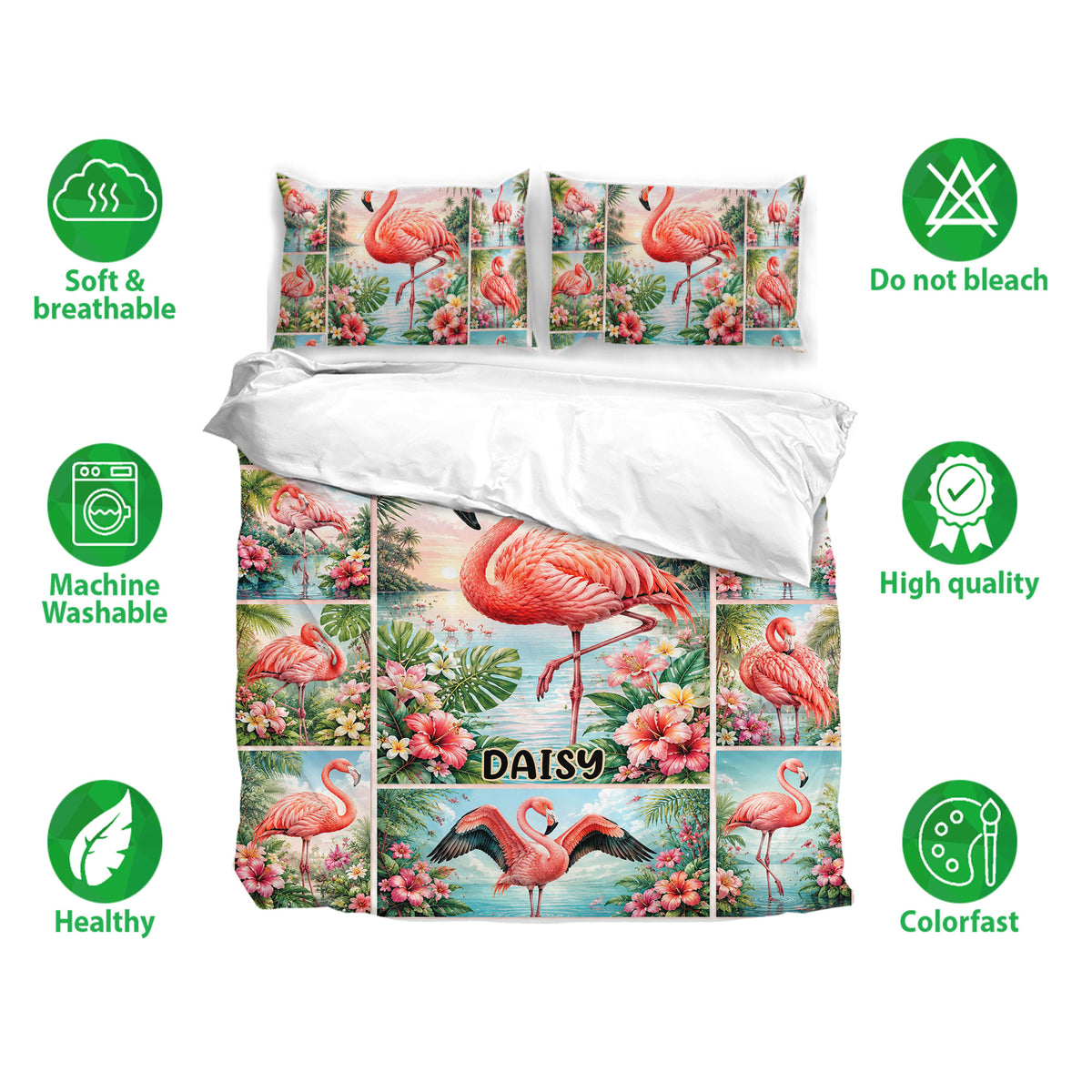 Flamingo bedding set with tropical floral artwork and matching pillowcases shown in a product presentation