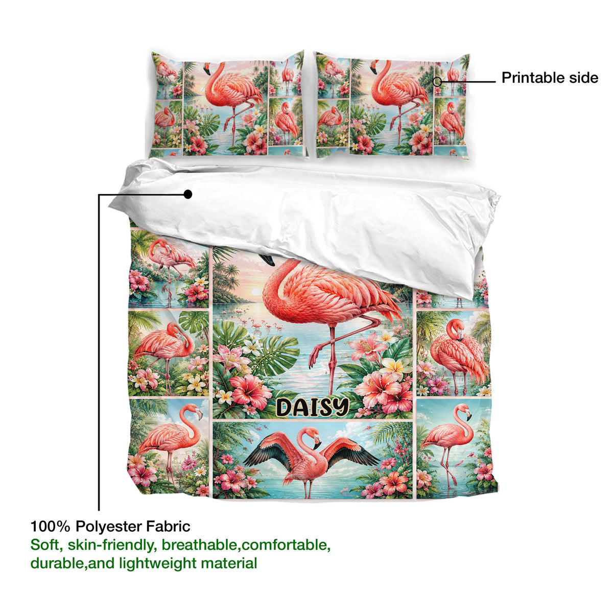 Flamingo duvet cover bedding set highlighting the printed front, lightweight fabric, and tropical collage design