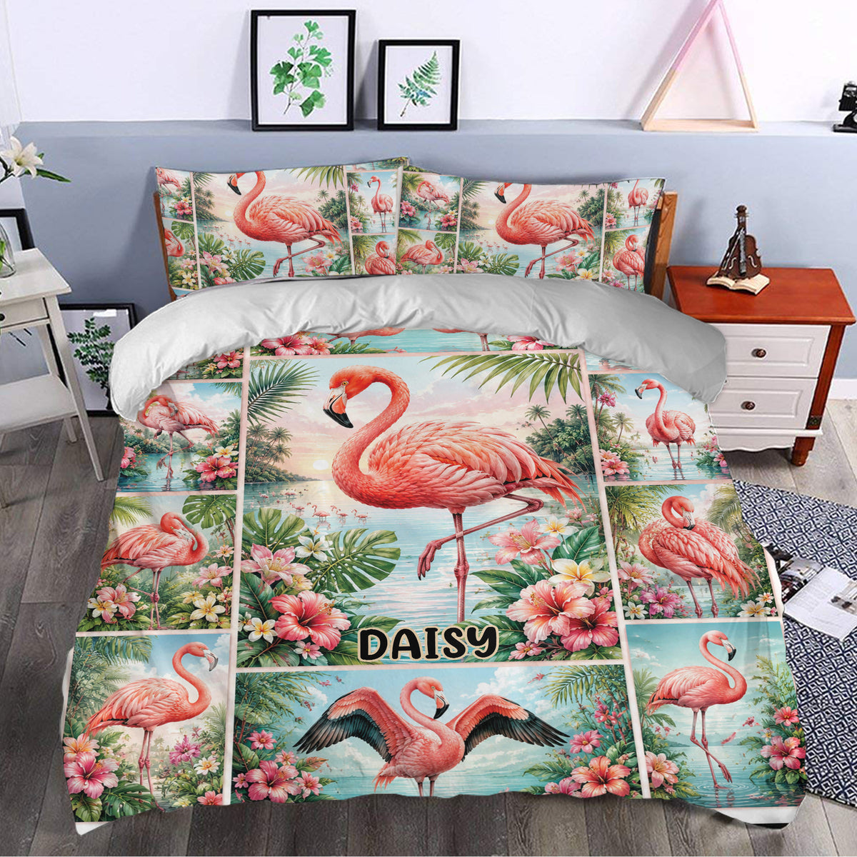 Flamingo duvet cover styled in a bedroom with pink birds, hibiscus flowers, palm leaves, and coastal scenery