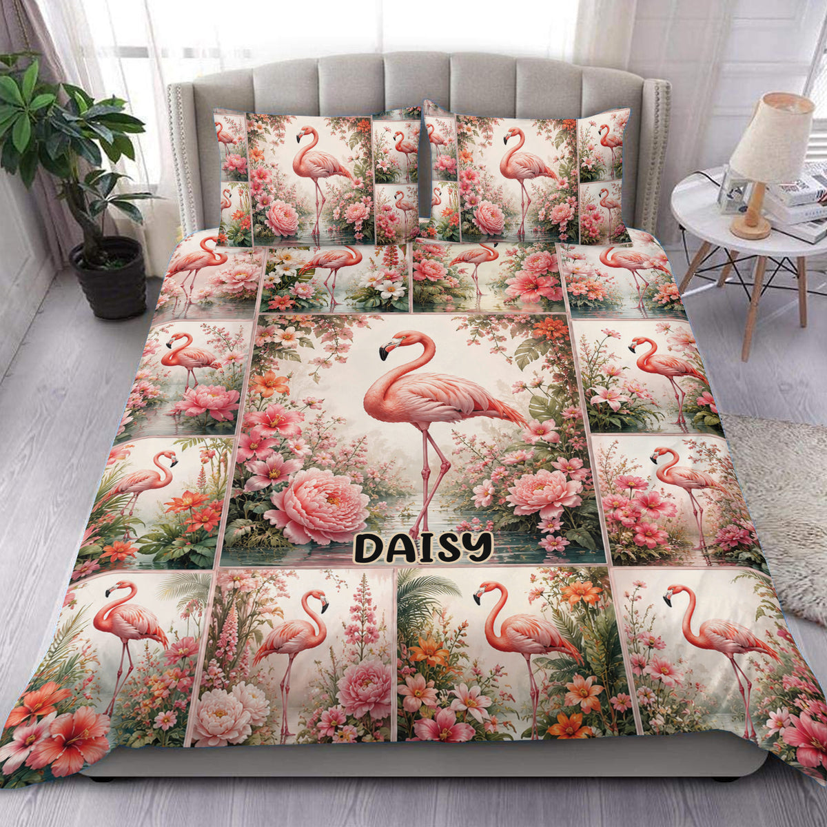 Flamingo duvet cover set displayed on a bed with pink flowers, tropical foliage, and coordinated pillowcases
