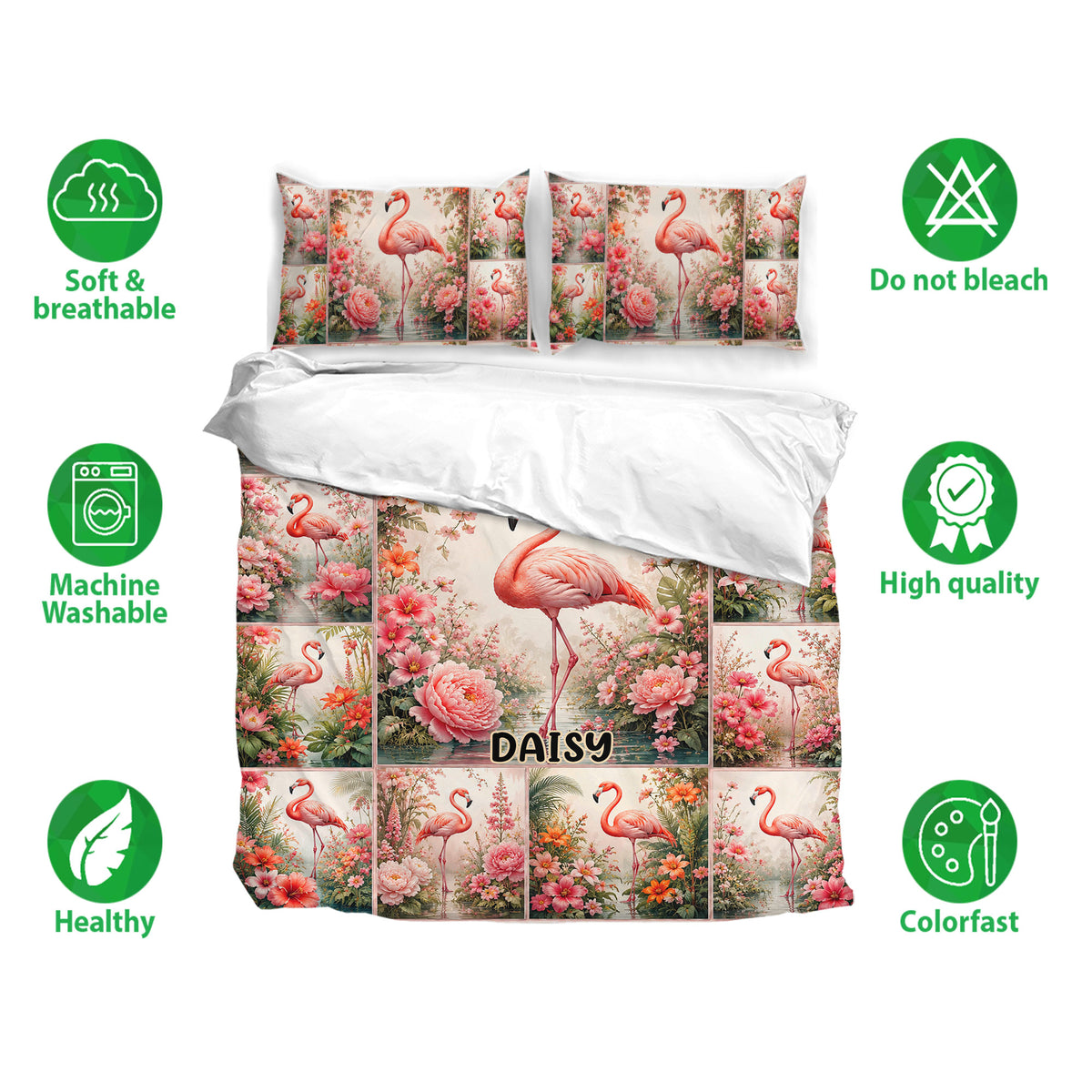 Flamingo bedding set with floral panels, matching pillowcases, and soft breathable fabric feature icons