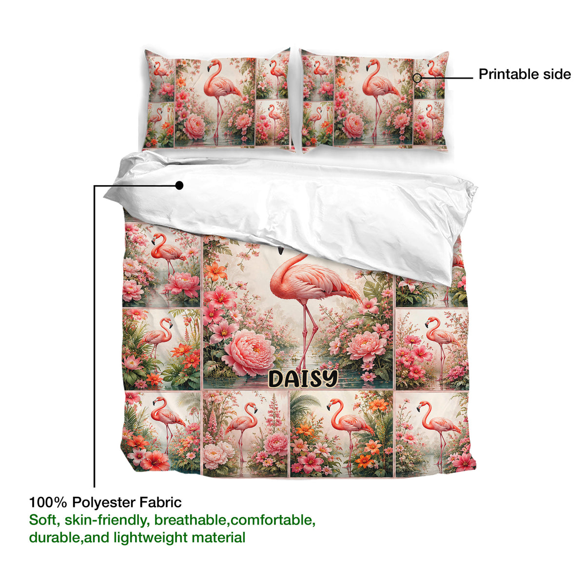 Flamingo duvet cover set showing the printed side, floral artwork, and lightweight polyester fabric