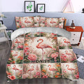 Flamingo duvet cover bedding set styled in a bedroom with pink flowers and tropical bird artwork