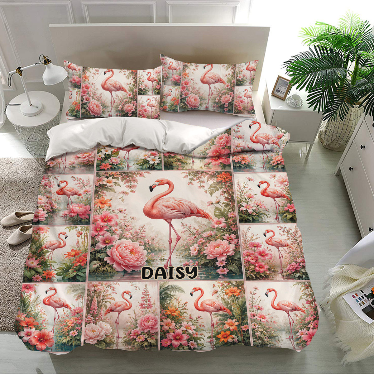 Tropical flamingo bedding set displayed in a bright bedroom with floral artwork and matching pillowcases