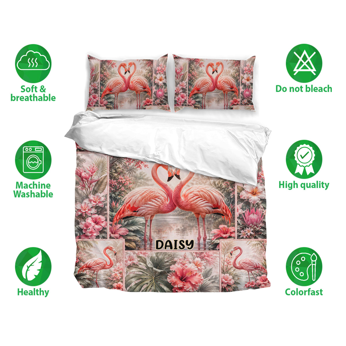 Flamingo duvet cover set with matching pillowcases shown in a floral bedroom bedding presentation
