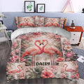 Flamingo duvet cover set styled in a bedroom with romantic pink birds and tropical floral decor