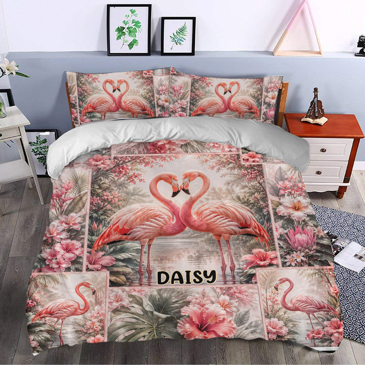 Flamingo duvet cover set styled in a bedroom with romantic pink birds and tropical floral decor