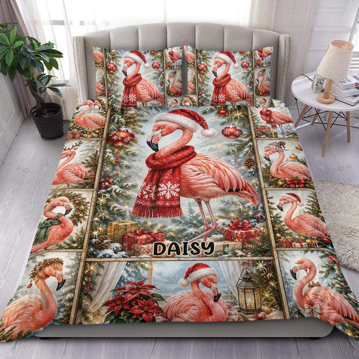 Flamingo duvet cover set displayed on a bed with Christmas trees, ornaments, gifts, and red scarves