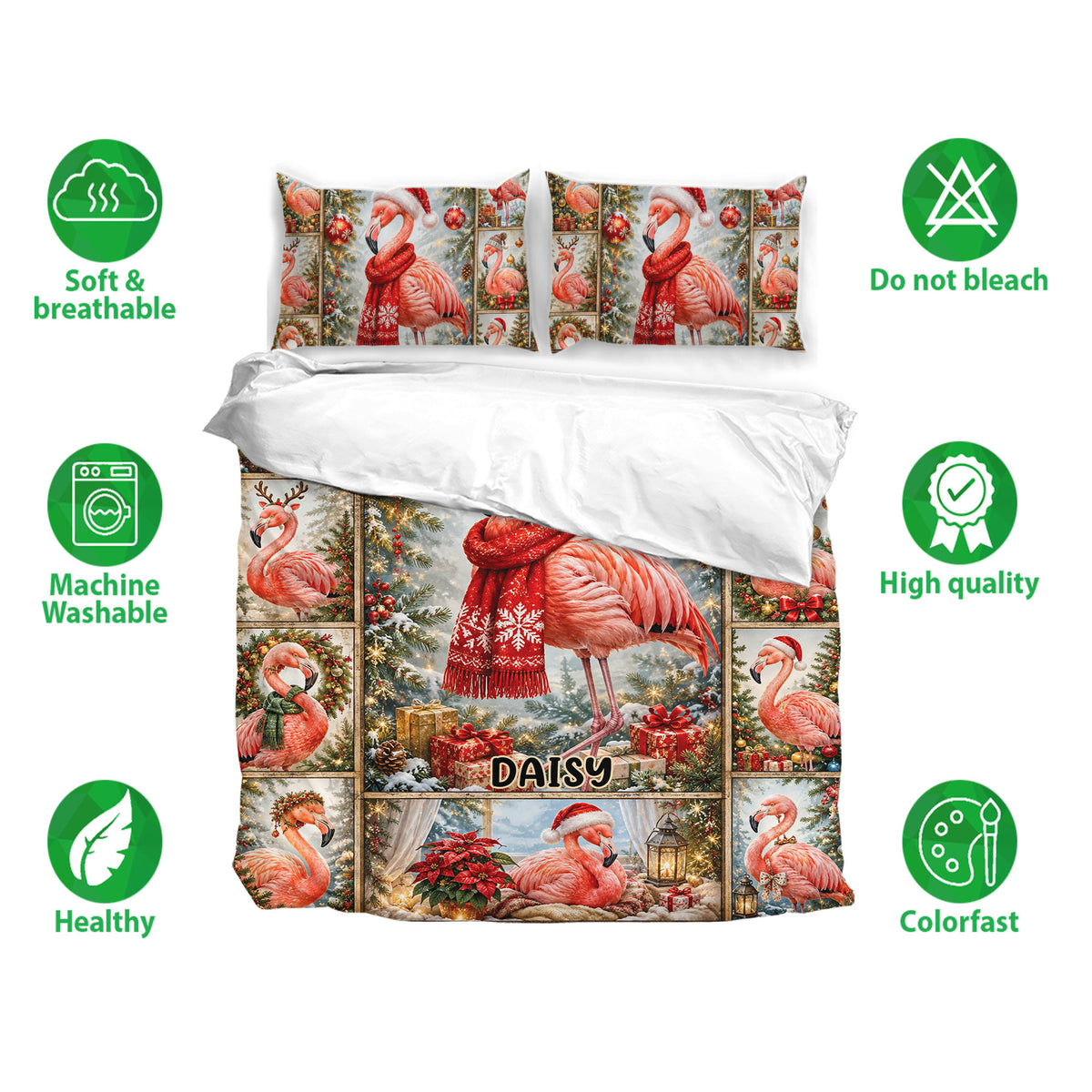 Flamingo bedding set with festive Christmas artwork, matching pillowcases, and soft breathable fabric icons