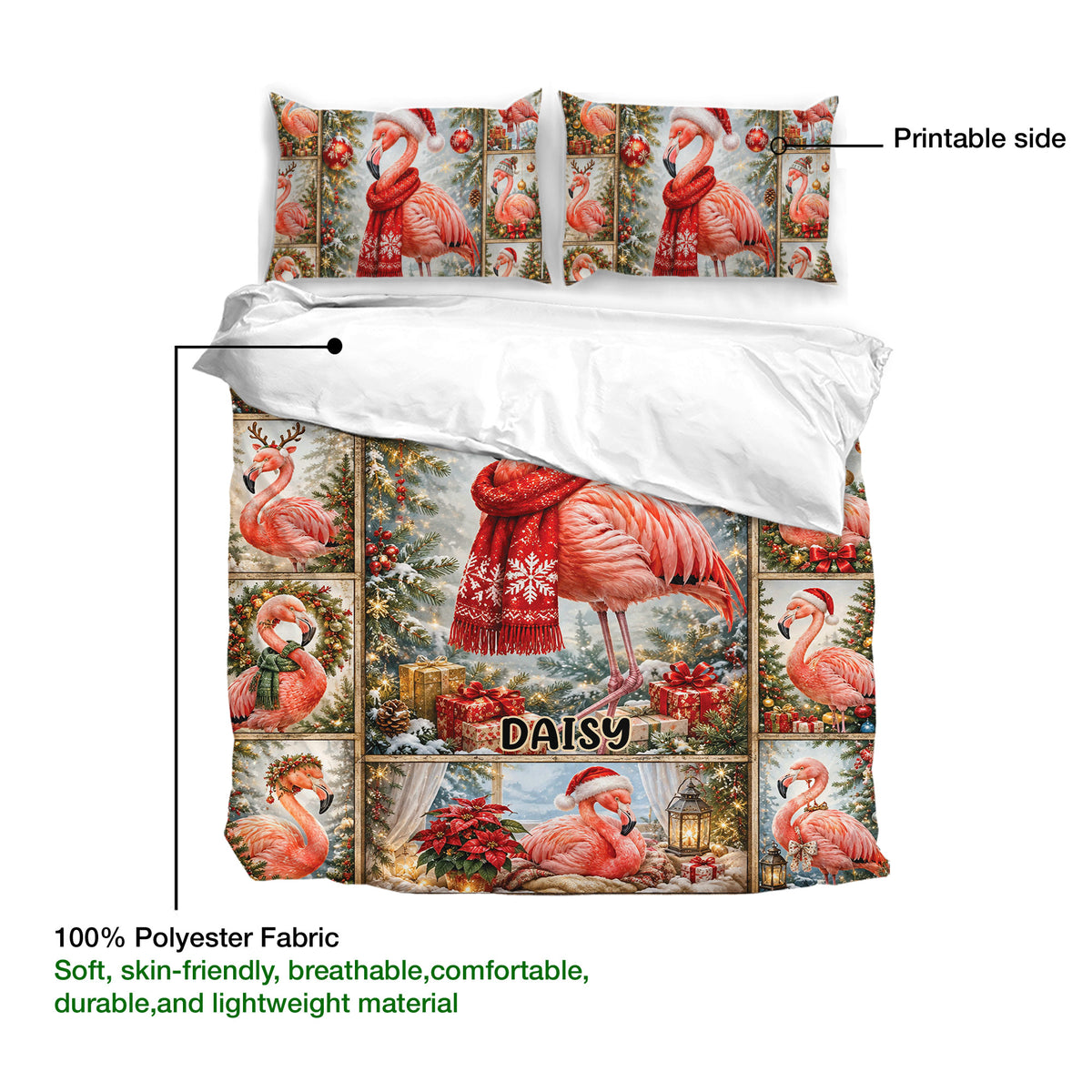 Flamingo duvet cover bedding set showing the printed side, fabric detail, and festive holiday artwork