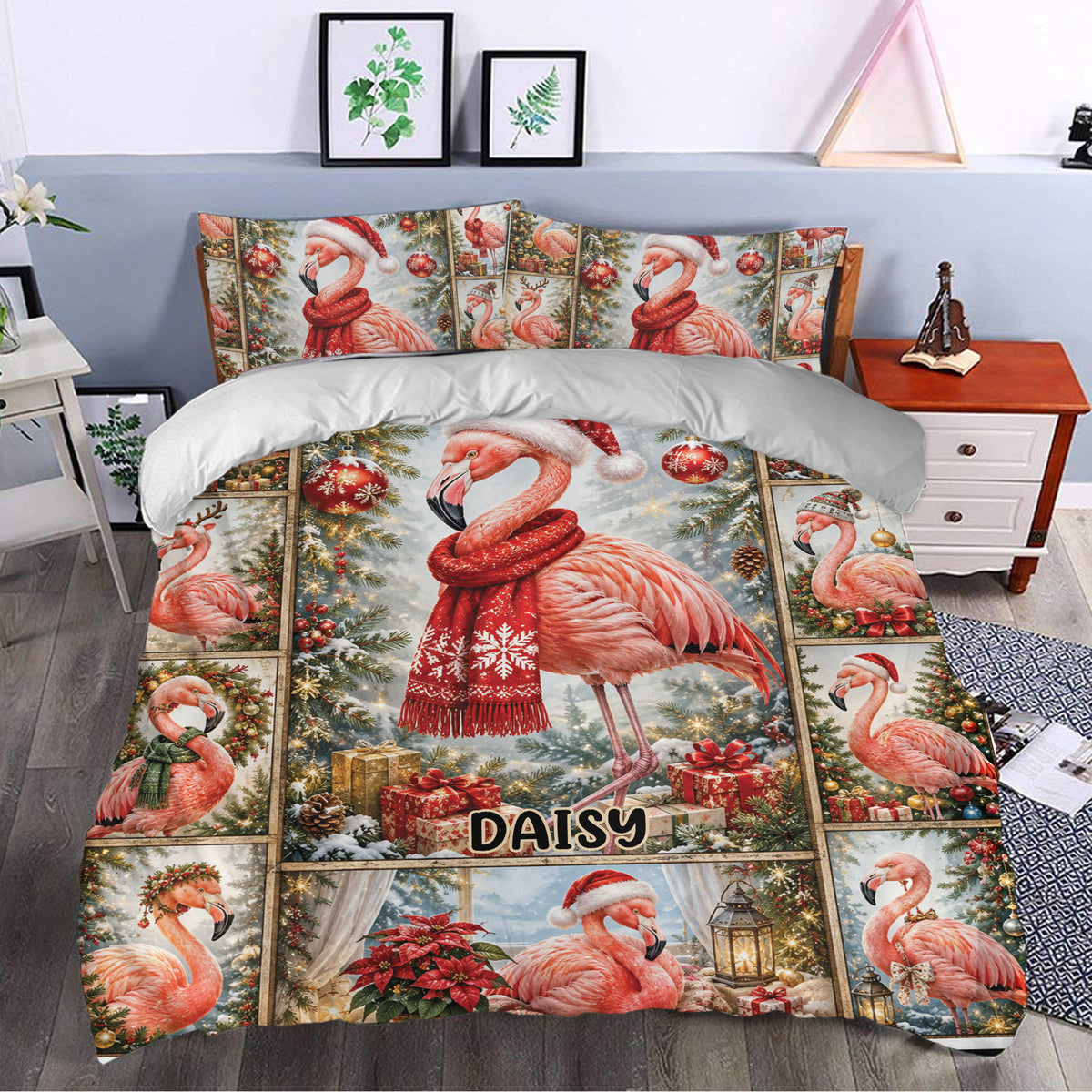 Christmas flamingo duvet cover styled in a bedroom with red scarves, ornaments, gifts, and greenery