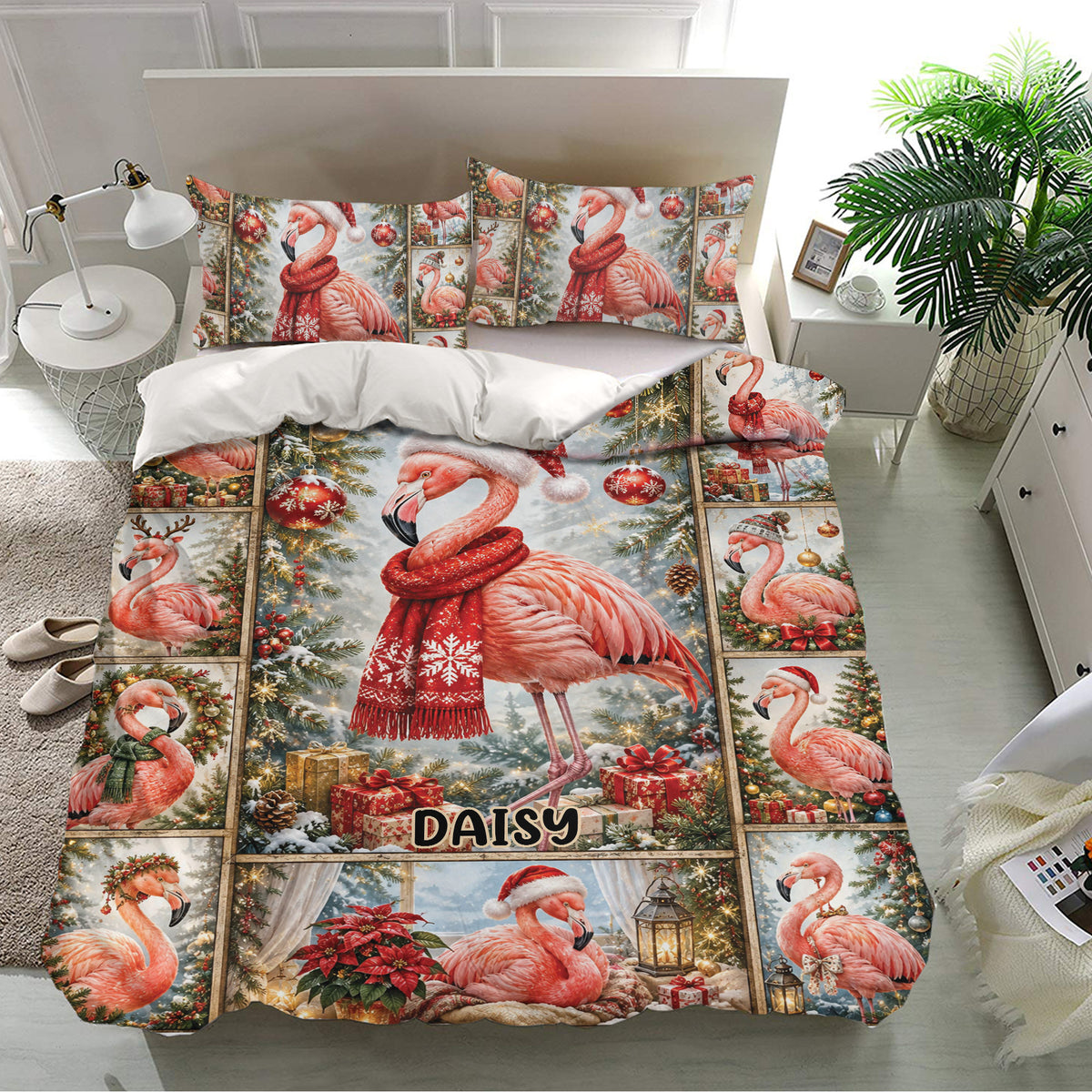 Festive flamingo bedding set presented in a bright bedroom with matching pillows and Christmas decor