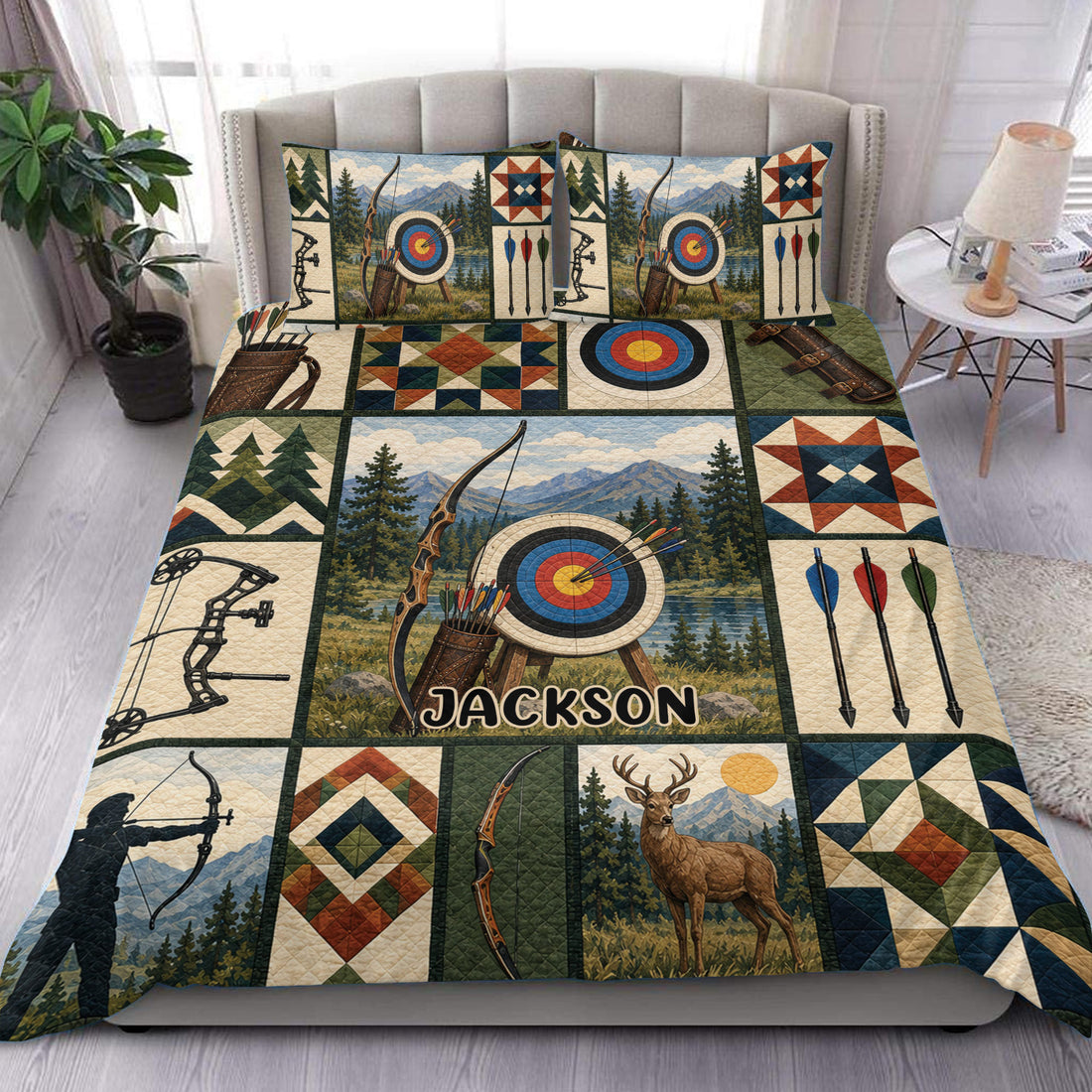Archery duvet cover set displayed on a bed with bows, arrows, targets, mountains, forests, and rustic patchwork artwork