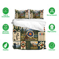 Archery bedding set with matching pillowcases, woodland target artwork, breathable fabric icons, and colorful printed details
