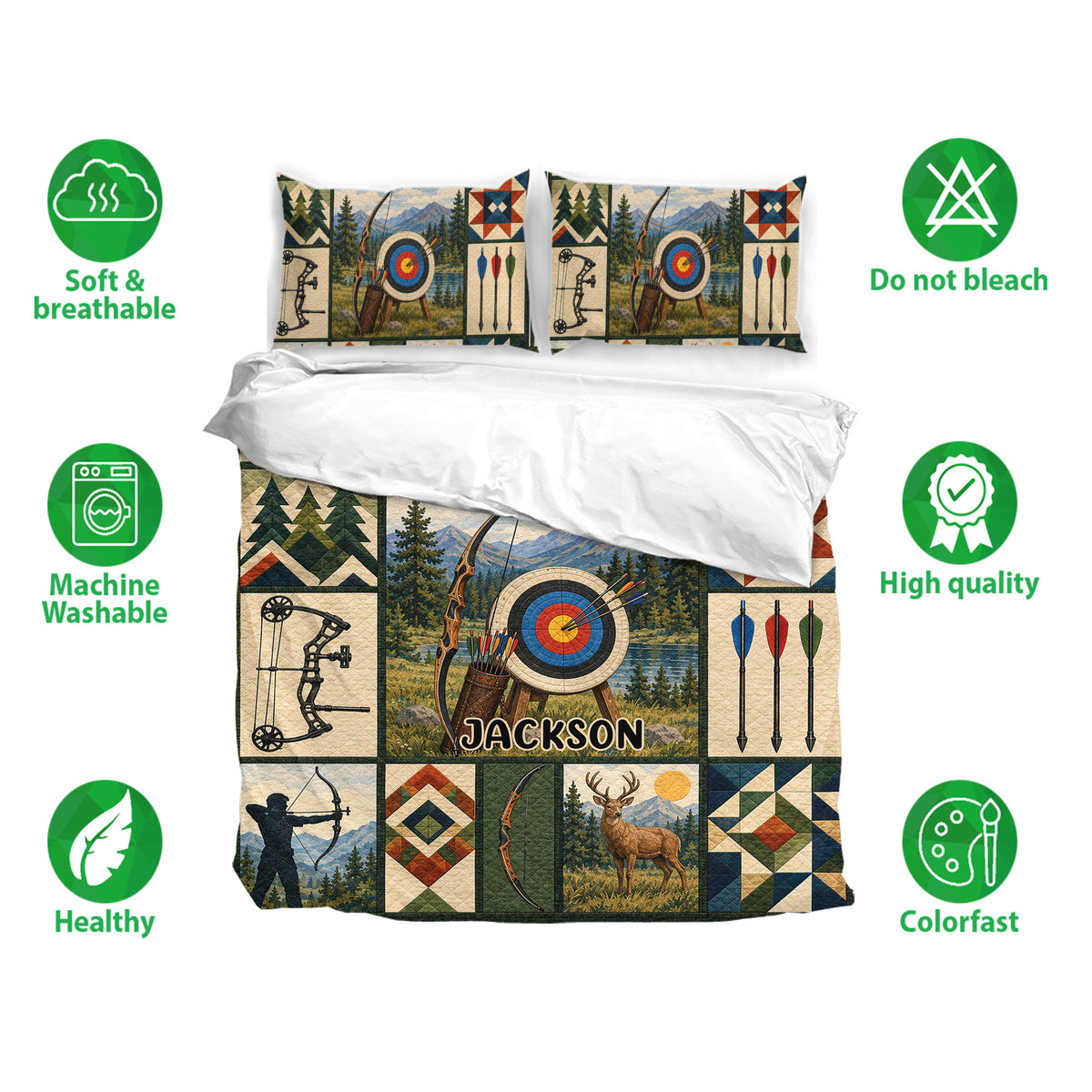 Archery bedding set with matching pillowcases, woodland target artwork, breathable fabric icons, and colorful printed details
