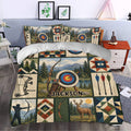 Rustic archery duvet cover bedding set styled in a bedroom with woodland targets, bows, arrows, and geometric patchwork