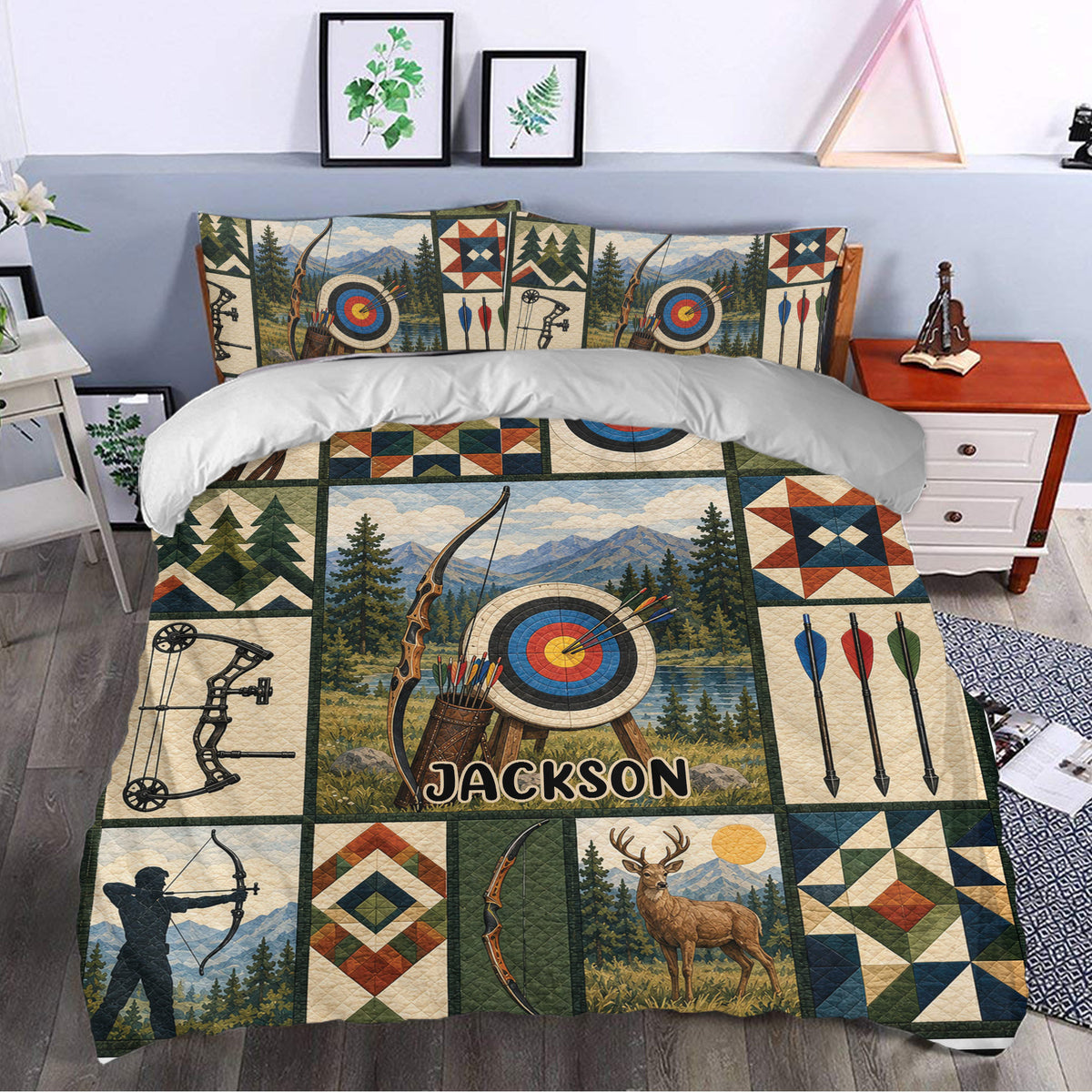 Rustic archery duvet cover bedding set styled in a bedroom with woodland targets, bows, arrows, and geometric patchwork