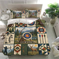 Archery bedroom decor featuring a printed duvet cover set with targets, bows, arrows, forests, mountains, and deer artwork