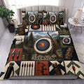 Archery duvet cover set displayed on a bed with colorful targets, bows, arrows, and mountain scenery