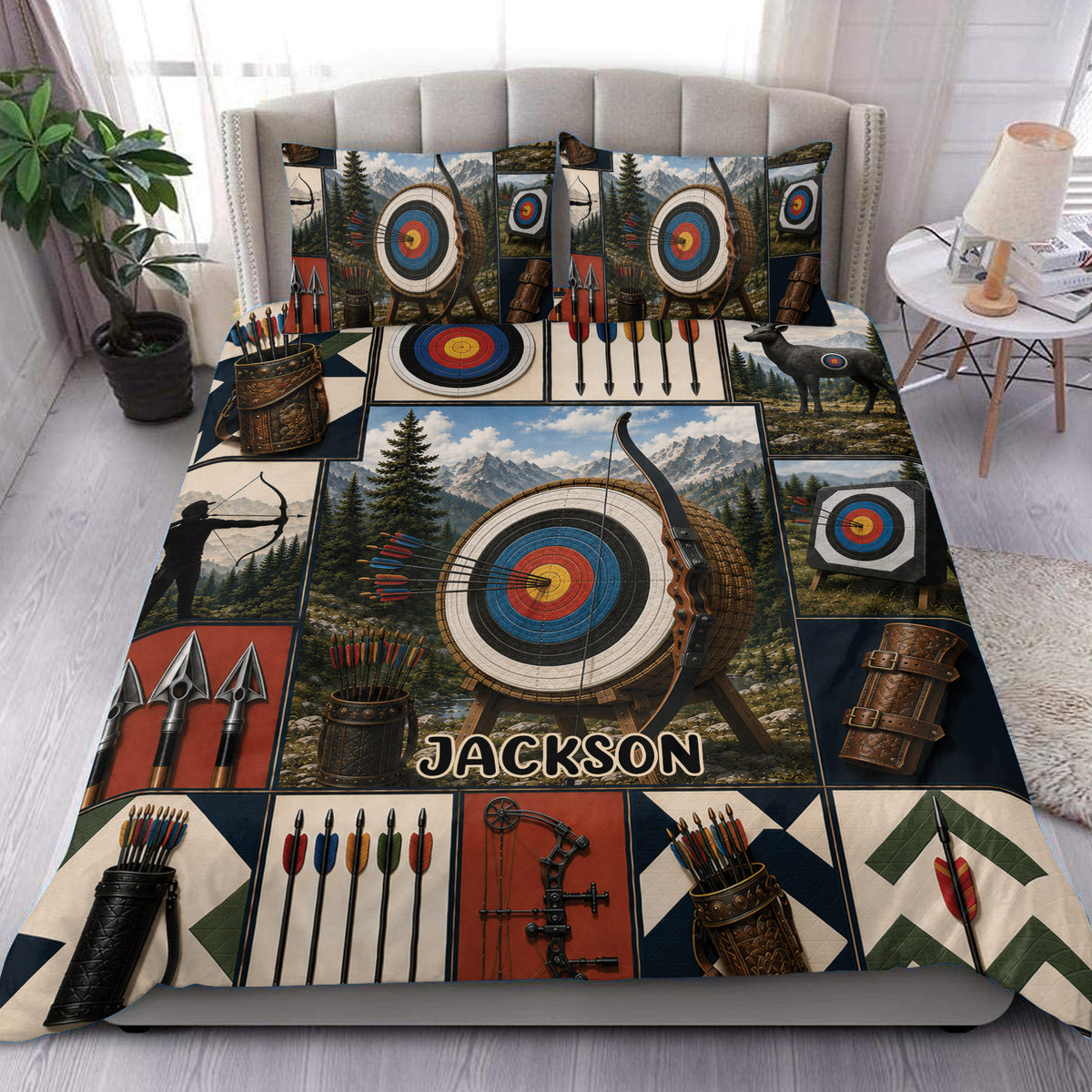 Archery duvet cover set displayed on a bed with colorful targets, bows, arrows, and mountain scenery