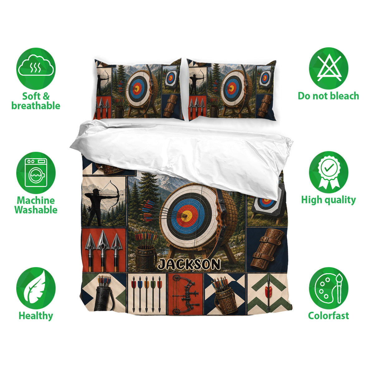 Archery bedding set showing a printed duvet cover and matching pillowcases with targets and bow designs