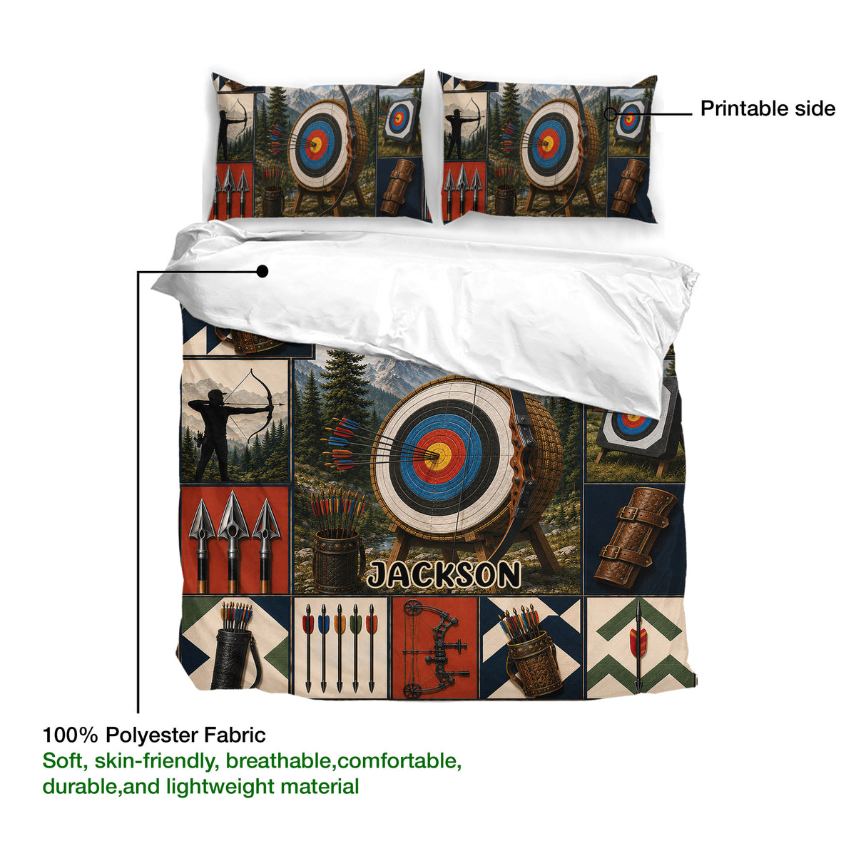 Archery duvet cover set presentation highlighting the printed side and detailed target, arrow, and bow artwork