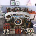 Rustic archery duvet cover styled in a bedroom with mountain scenery, targets, arrows, and bow imagery