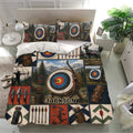 Archery bedding set displayed in a bright bedroom with colorful target panels, quivers, and mountain artwork