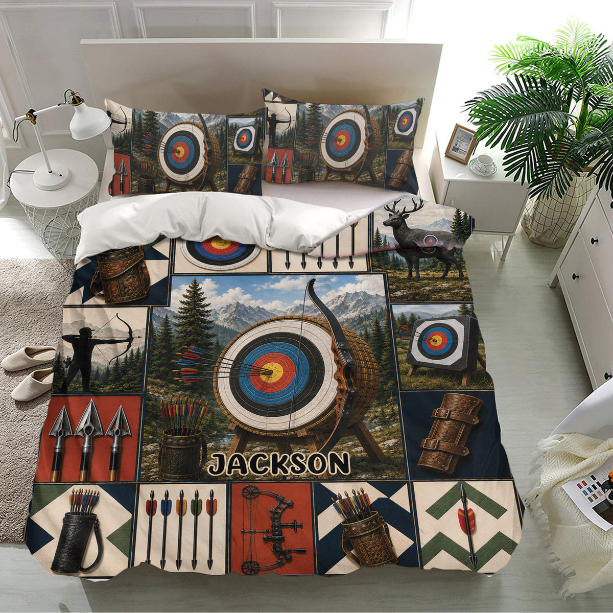 Archery bedding set displayed in a bright bedroom with colorful target panels, quivers, and mountain artwork