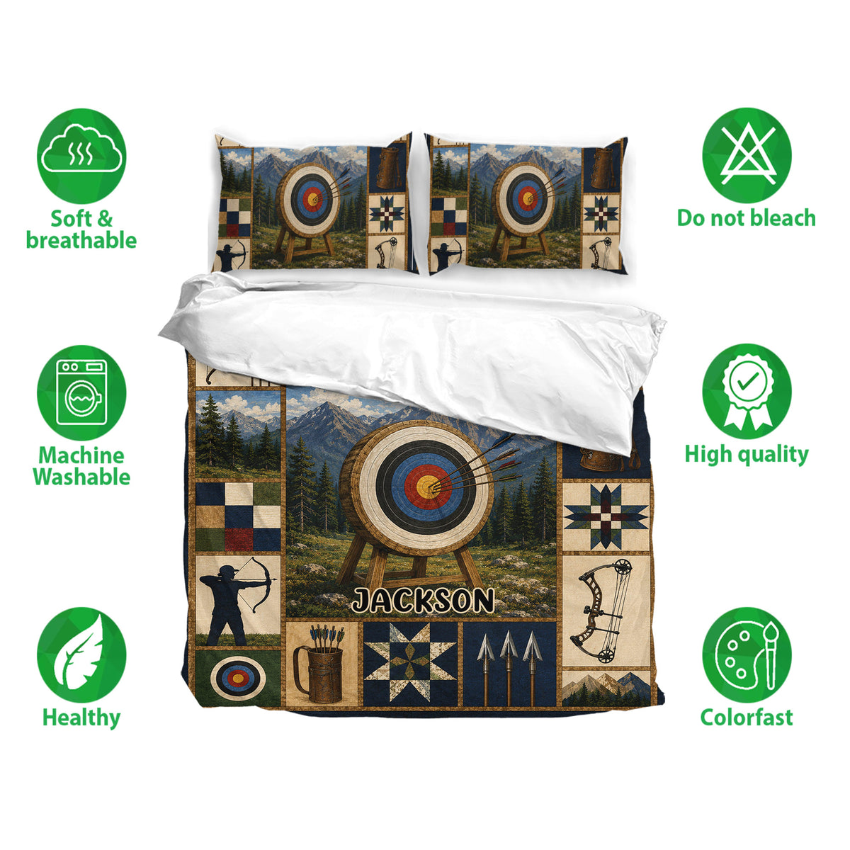 Archery duvet cover bedding set shown with matching pillowcases and soft, breathable fabric callout