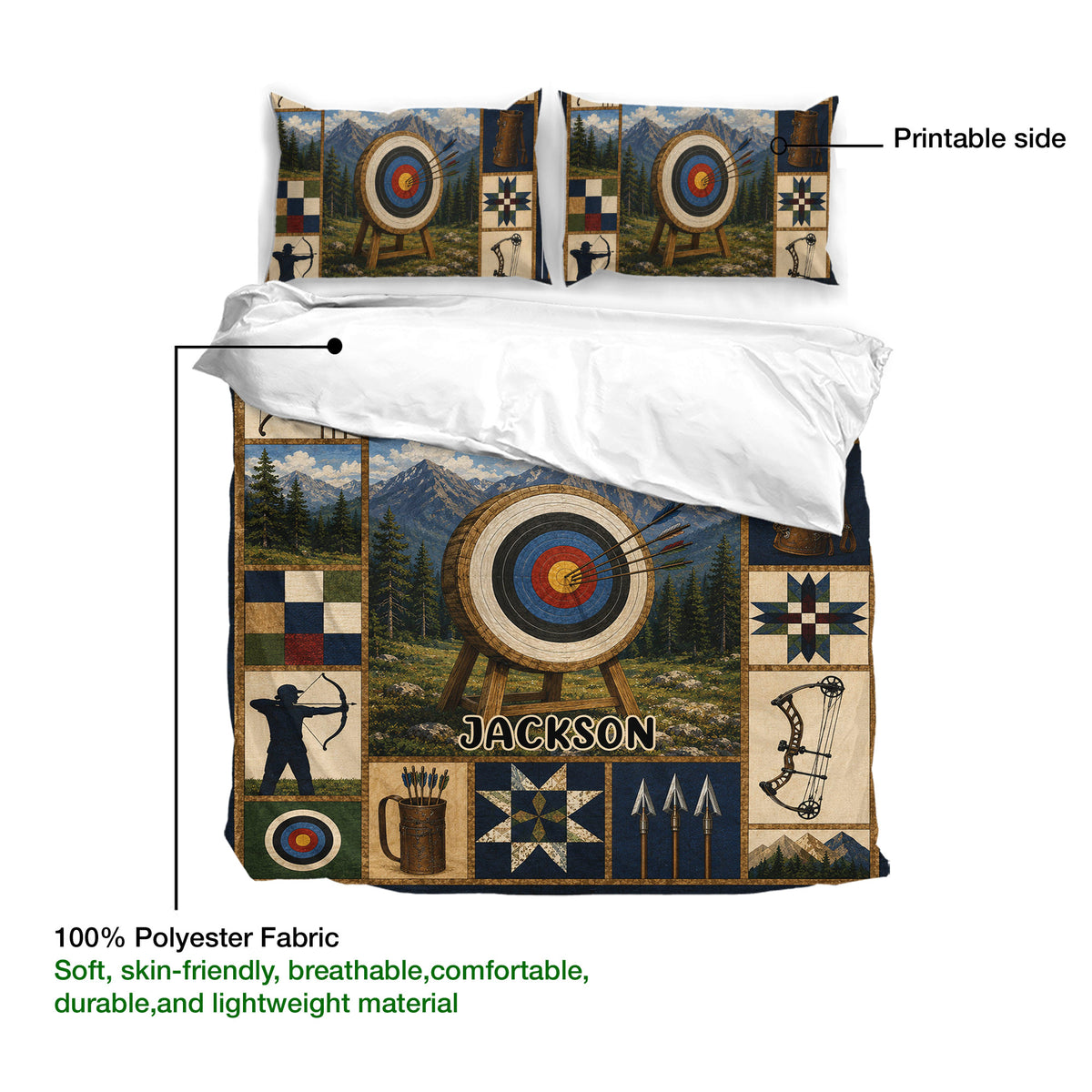 Archery duvet cover set presentation showing printable artwork and 100% polyester fabric callout