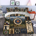 Archery duvet cover set styled in a bedroom with target, bow, arrow, and mountain artwork
