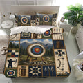Rustic archery duvet cover set displayed with target designs, bows, arrows, and scenic mountain artwork