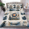 Archery duvet cover bedding set displayed in a bedroom with watercolor targets, bows, arrows, and woodland scenes