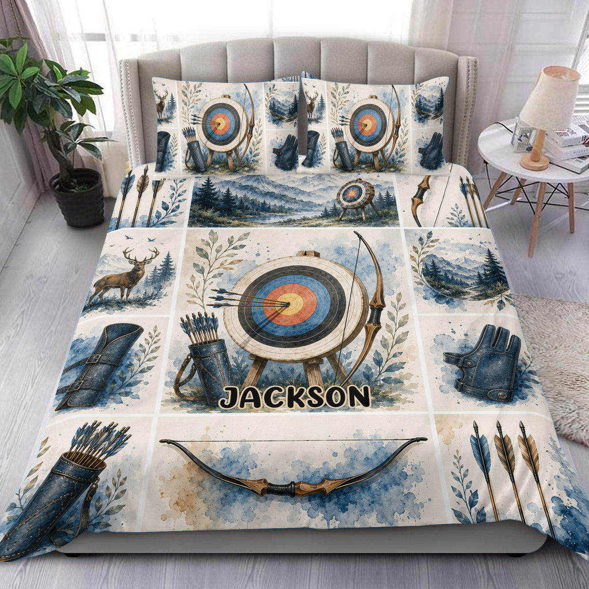 Archery duvet cover bedding set displayed in a bedroom with watercolor targets, bows, arrows, and woodland scenes