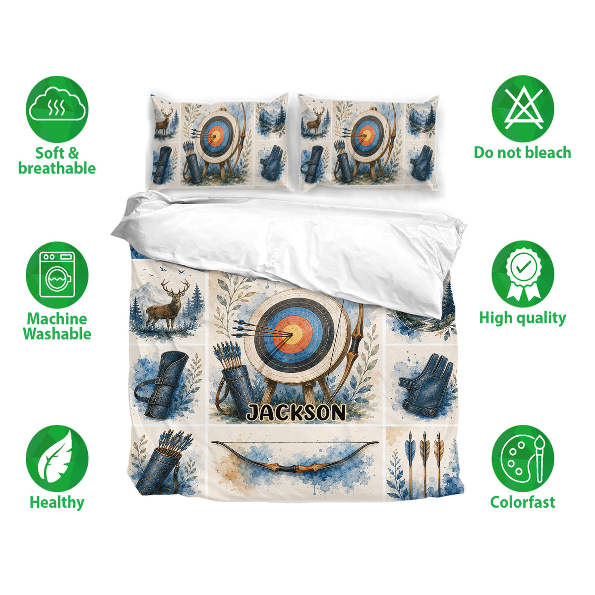 Archery duvet cover set shown with matching pillowcases, colorful target artwork, arrows, and watercolor nature details