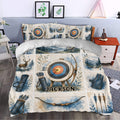 Archery bedding set styled in a bedroom with large target artwork, bows, arrows, quivers, and blue woodland tones