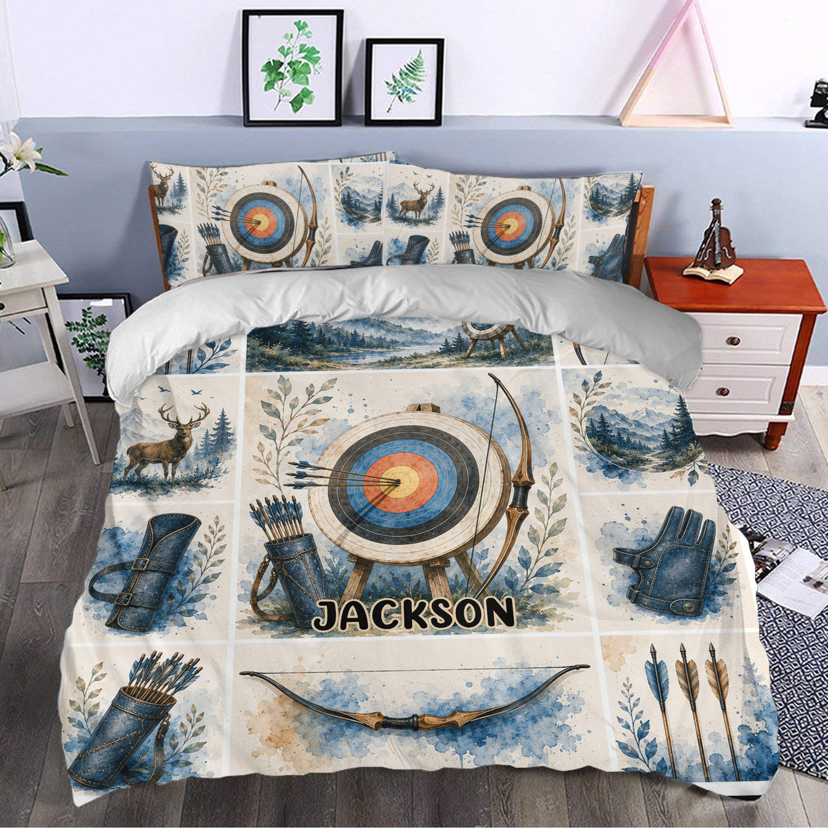 Archery bedding set styled in a bedroom with large target artwork, bows, arrows, quivers, and blue woodland tones