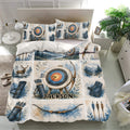 Archery duvet cover bedding displayed in a bright bedroom with matching pillowcases and rustic watercolor target design