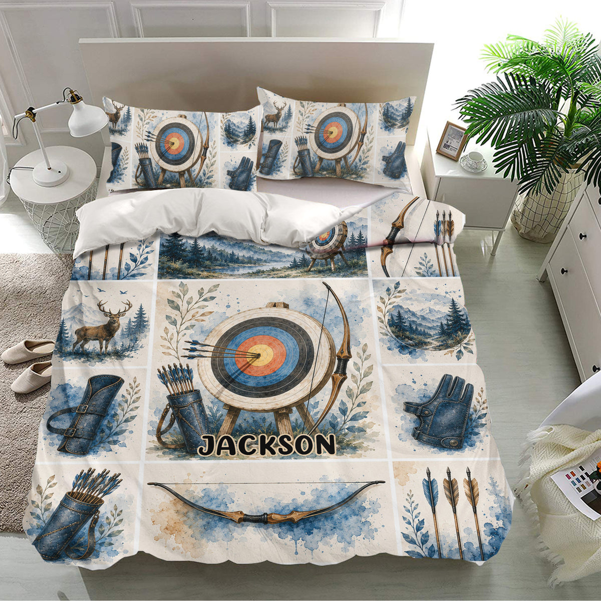 Archery duvet cover bedding displayed in a bright bedroom with matching pillowcases and rustic watercolor target design
