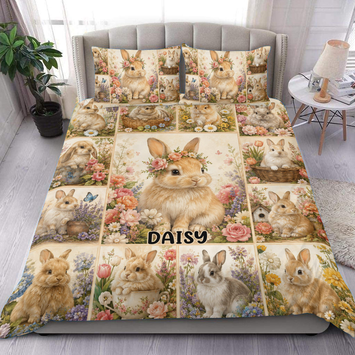Floral rabbit duvet cover bedding set styled on a bed with matching rabbit pillowcases