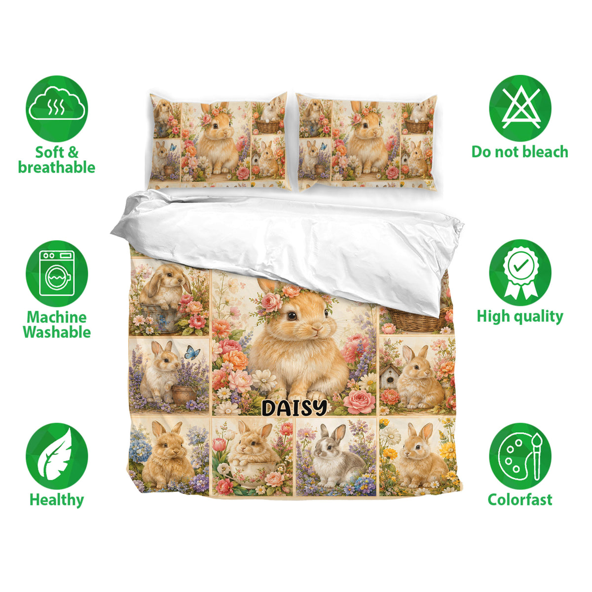 Rabbit floral duvet cover bedding set displayed with matching pillowcases and care feature icons