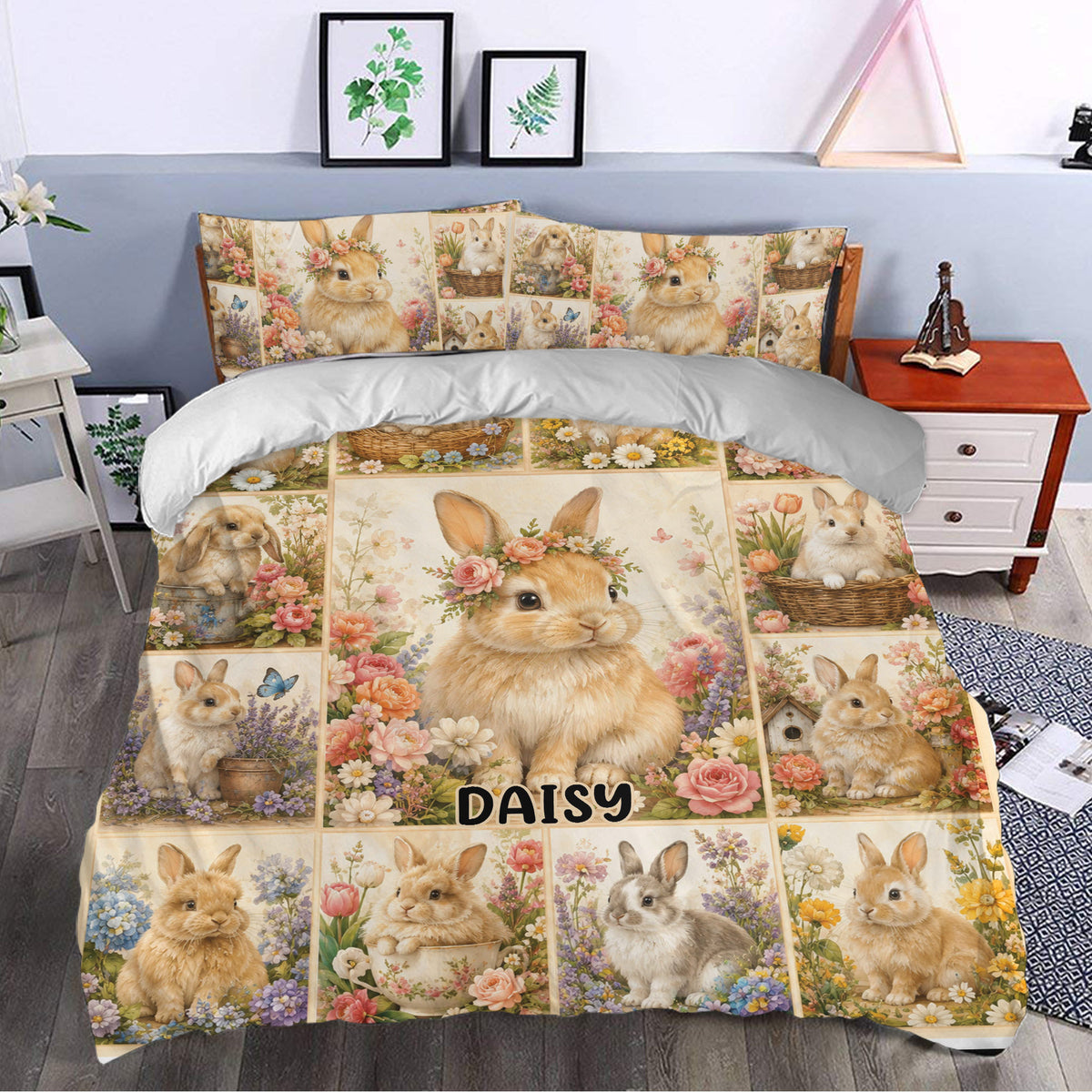 Floral rabbit duvet cover styled in a bright bedroom with coordinated rabbit artwork