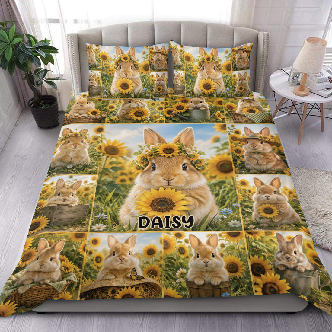 Rabbit duvet cover bedding set displayed on a bed with sunflower-filled collage artwork